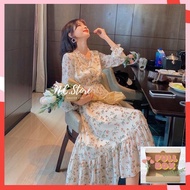 Đầm Hoa Nhí Trắng Maxi Cổ Viền Bèo Nhún Eo Cực Đẹp