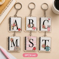 6Pcs Floral Initial Alphabet Letter 2D Flat Acrylic Keychain Notebook Stationery Design Key Ring Bag