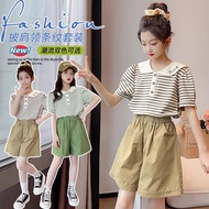 Girls' summer suits2025New Children's Doll Collar Short Sleeve Stylish Girls' Summer Striped Two-Pie