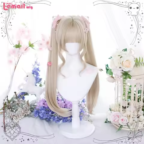 L-email Lolita wigs Natural Short Hair with Dark Golden Double Ponytails and Hime Cut Style 50cm-lon