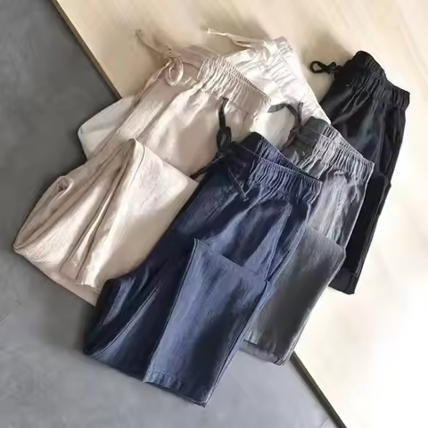 Men's Casual Pants Baggy Streetwear Men Joggers Cotton Linen Sports Trousers Long Straight Pants for