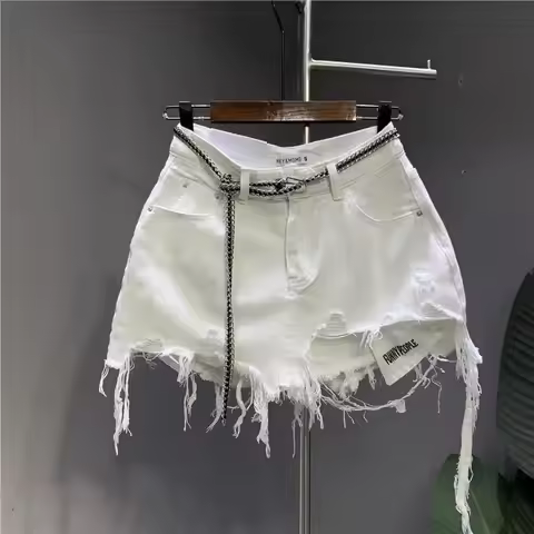 New Korean Denim Skirt Women's White Raw Irregular Anti-Walk Naked Hole Pocket Exposed Short Skirt 2