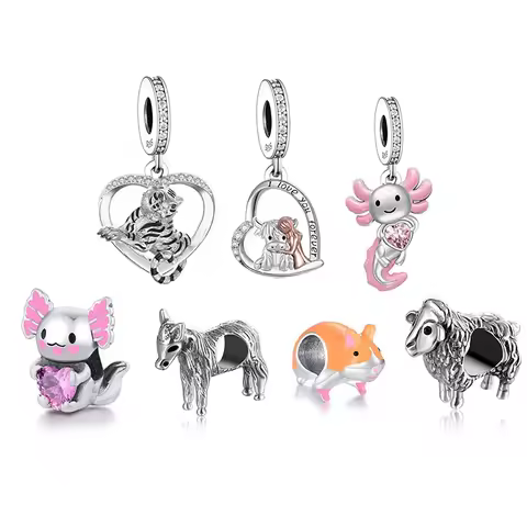 Fit Original Pan Charm Bracelet 925 Silver Sheep Tiger Highland Cow Tiger Mexico Axolotl Hamster Bea