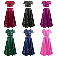 Jizyo Kids Girls Indian Lehenga Choli Set Short Sleeve Metallic Floral Print Ruched Satin Crop Top w