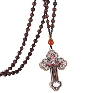 Wood Rosary Beads Cross Necklace Men Prayer Orthodox Crucifix Jesus Pendant Necklace