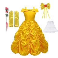 ปิดไหล่ชุดเจ้าหญิงสีเหลืองสําหรับเด็กสาว Belle บทบาทเล่นเสื้อผ้าแฟนซี Carnival Party วันเกิด Ball Go