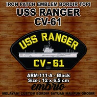 ARM-111-A Patch USS RANGER CV-61 USN Emblem Topi US Navy Kapal Induk Amerika - Black - 12x6,5cm - Em