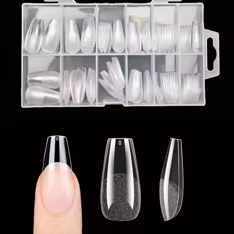Medium-Sized Gel Nail Tips with Coffin Etching X, 12 Sizes, 120 Pieces Pre-Shaped Semi-Matte Full Co