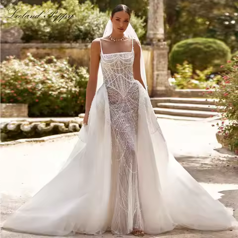 Lceland Poppy Customized Mermaid Lace Wedding Dresses Square Neck See Through Beaded Bridal Gowns wi