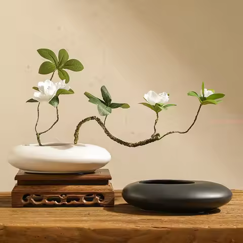 Chinese Style Ceramics Vase Flower Pot Black White Cobblestone Deformation Arrangement Accessories M
