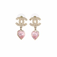 CHANEL 合金22B珍珠雙C粉鑽愛心耳環耳環