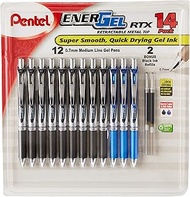 Pentel EnerGel RTX Retractable Metal Tip Pen, 0.7mm, 9 Black Ink, 3 Blue Ink with 2 Refills (BL77O14C)