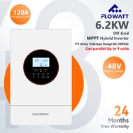 Flowatt 6.2KW Hybrid Solar Inverter 500Vdc รองรับ 48V Lifepo4 แบตเตอรี่ขนานได้ถึง 9 หน่วยในตัว 120A 