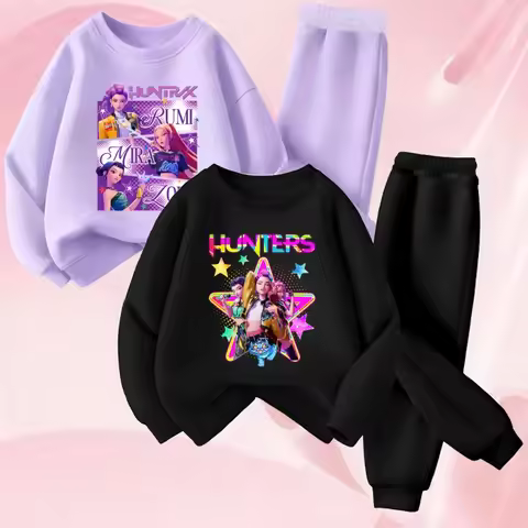 K-POPcartoon Printed Spring Autumn Girls O Neck Hoodies Sets Children Sweatshirt Sweatpant 2pcs Suit
