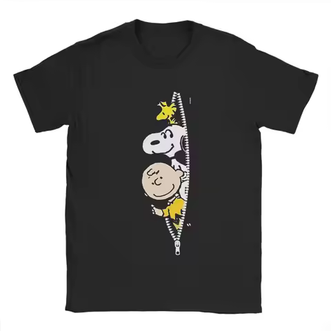 Snoopy Zipper T Shirt for Men Women Cotton Vintage T-Shirt Round Collar Tee Shirt Short Sleeve Cloth