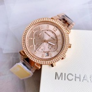 代購MICHAEL KORS手錶 MK手錶女生 MK6832玫瑰金琥珀色鋼鏈錶 三眼計時日曆石英錶 鑲鑽時尚潮流百搭女錶