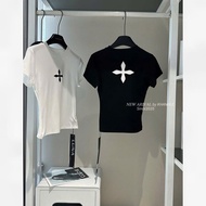 H97 - Women's Short Sleeve Slim T-shirt – Cross Pattern – Stretch Rib – Size S/M – Black/White