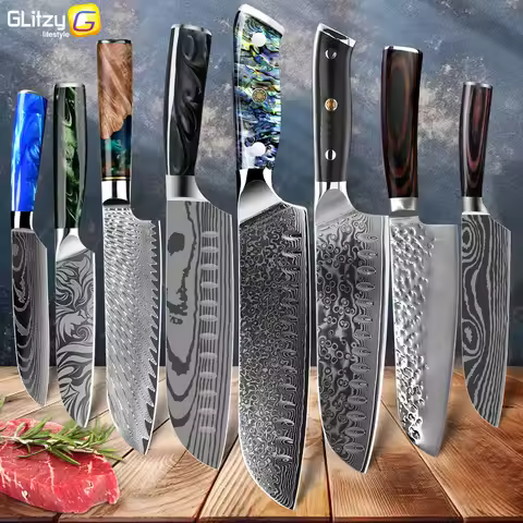 1PC Kitchen Knife Damascus Chef Knife 7CR17 Stainless Steel Damascus Drawing Meat Cleaver 7inch Japa