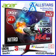 (ALLSTARS : We are Back PROMO) Acer VG252Q Pbmiipx / ACER VG252QP 24.5 inch Full HD IPS Gaming Monitor / 144Hz / 0.9ms, DisplayHDR400, 99% sRGB, gamut, G-sync comp, 2X HDMI, DP, Audio Out, Built-in Spk, VESA Mount compatible (Warranty 3years with Acer SG)