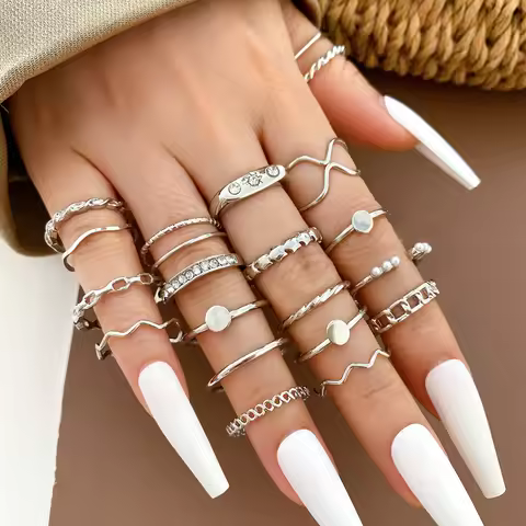 Vintage Silver Color Geometric Wave Ring Set For Women 20pcs/set Metal Cross Pearl Hollow Finger Rin
