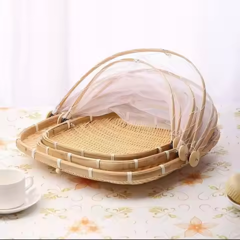 F5 Bamboo Woven Basket Anti-Mosquito Net Fruit Vegetable Laundry Baskets Dustpan Tent Basket Tray Ou