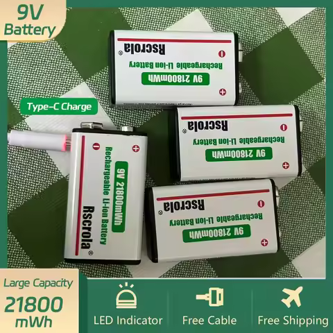 Rechargeable 9V Battery USB-C Charge,21800mWh Long-lasting 9V Li-Ion Battery with Free Cable,for Smo