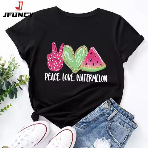 JFUNCY 5XL Women T Shirt Summer Short Sleeve Cotton Printed T-Shirt Female Tops Oversize Woman Casua
