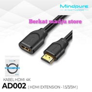 Cable HDMI 4k HDMI EXTENSION hdmi cable male to femAle MINDPURE AD002 1.5meter 1.5m 1.5 meter 1.5 m