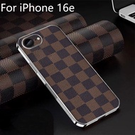 Luxury Brown Grid Leather PC Hard Case For iPhone 16e 16E 16 e Plated Silver Bumper Shockproof Phone