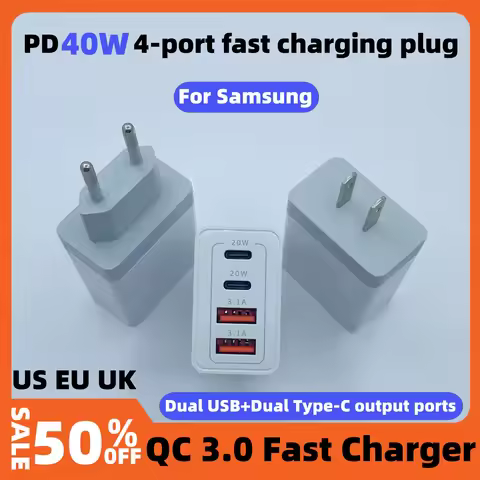 40W 4-Port USB Fast Charger Station, 2x PD 20W + 2x QC 20W Wall Charger, Compact for iPhone 15 Pro S