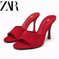 Zara's Women's Shoes Suede Texture High-Heeled Mules High-Value Red Fashion Sandals Women136411013641