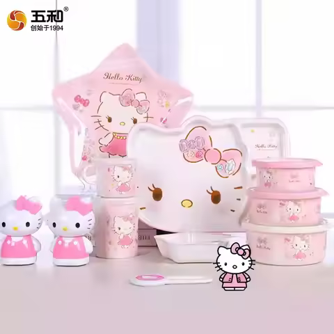 For Hello Kitty Kid's Tableware Anti-scald Divided Plates Spoons Cartoon Water Cup Rice Bowls Pink C