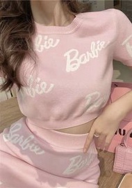 夏季新品barbie芭比字母針織T恤兩件套裝公主風辣妹套裝