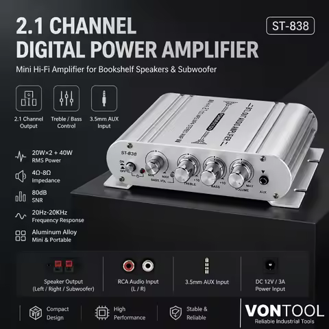 VONTOOL ST-838 2.1 Channel Digital Power Amplifier 20Wx2+40W Hi-Fi Mini Audio Amp with AUX Input for