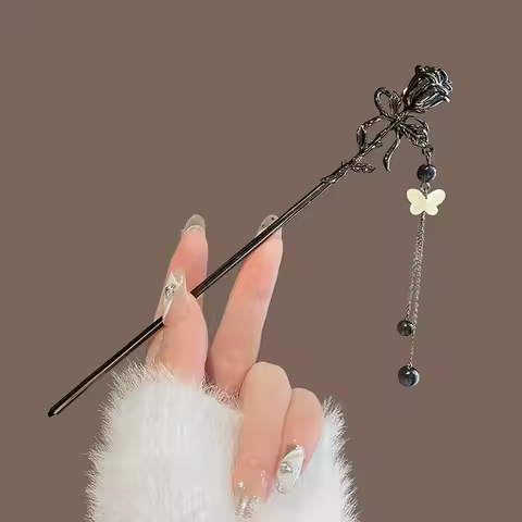 Neo Chinese Style Hairpin For Women Elegant Black Rose Tassel Hair Stick Trendy Metal Flower Hair Pi