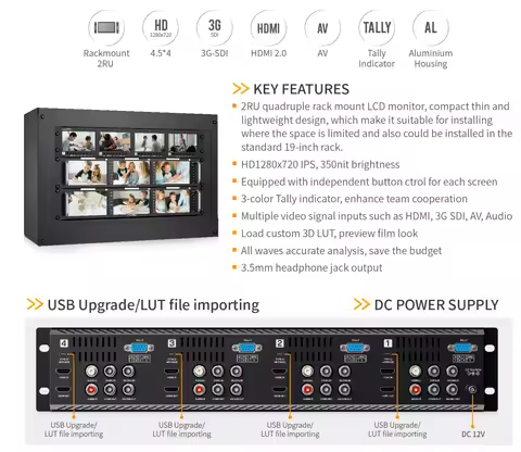 FEELWORLD●Q41●Quad Rack Mount Monitor 4.5inch 2RU 3G-SDI HDMI,3G SDI,AV,Audio Input HD1280x720IPS,35