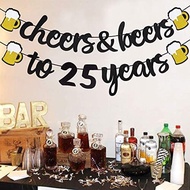 Cheers & Beers To 25 Years Banner Black Glitter Beer Mug Bunting Flag 25th Birthday Party Decoration