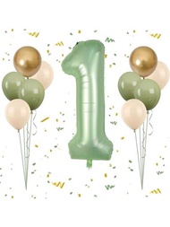 11 Piezas 40 Pulgadas Globo En Forma Del Número 1 Color Verde Salvia, Globos Verdes Oliva Para Primer Cumpleaños, Globos De Látex Dorado Retro Con Arena Y Aguacate Blanco Para Decoración De Fiesta De Cumpleaños, Baby Shower O De Temática De Jungla Para Niño O Niña