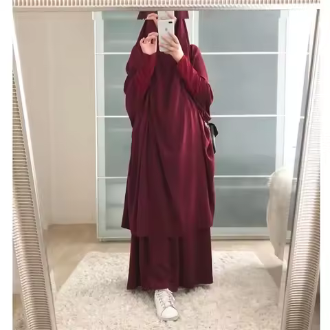Elegant 2pcs Muslim Khimar Abaya Set Full Cover Khimar Skirt Islamic Prayer Burka Niqab Dubai Women 