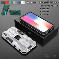 Shockproof Armor Cover For Apple iPhoneX iPhoneXR iPhoneXS iPhone10 iX iXR iXS i10 iPhone X XR 10 XS max XSmax iPhoneXSmax Hard Phone Case, Black Stand Cases, Bumper Casing with Bracket, Mecha Style Drop-resistance Back Shell