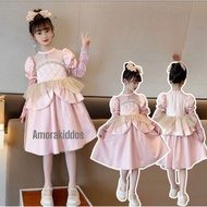 (AGE 4,7,8TH) LONG-SLEEVED PINK-GLITTER GOLD PRINCESS DRESS*Dress only