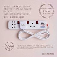 Enertize EMS 3 Pin + 2 Gang Extension Multiple Power Socket Plug with Surge Protection : 2 and 5 Meter Cable Cord Wire
