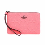 【COACH】浮雕皮革L型拉鍊零錢手拿包-莓粉色