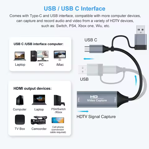1080P Capture Card 4K HDMI-compatible to USB-A/USB-C USB2.0 Capture Video Audio Recording for OBS St