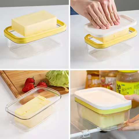 LMETJMA Butter Dish with Lid Rectangle Butter Keeper with Cutter Slicer Butter Box for Refrigerate B