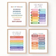 Rainbow Colorful Bilingual English Spanish Days Months Chart Wall Art Language Learning Poster Home 