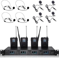 Wireless Lapel Microphone System 4 Lavalier Mic with UHF 4 Channel 4 Bodypack 4 Headset Mics for Karaoke Church Speaking Conference Meeting Party