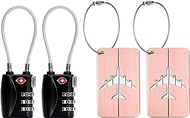 2 Pack TSA Luggage Lock and 2 Pack Aluminium Metal Luggage Tags, Mini Combination Password and Suitcase Card Holder Bag Tag Name Address ID Bag Label with Key Ring