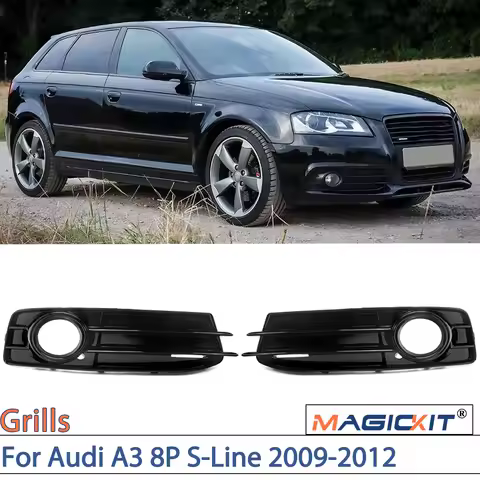 MAGICKIT Front Bumper Pair Fog Light Grille Cover Gloss Black USA For Audi A3 8P S-Line 2009-2012 CA