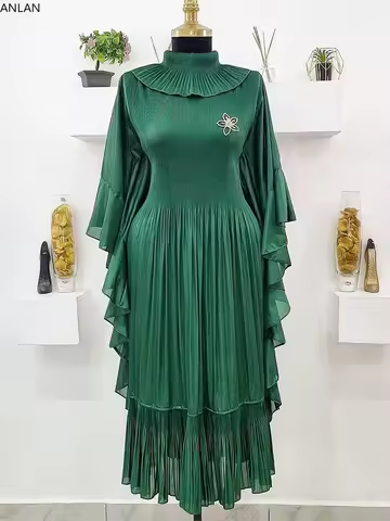 ANLAN 2024 Spring New Pleated Dress Fashion Lapel Ruffle Sleeves Solid Color Loose Dresses Elegant w